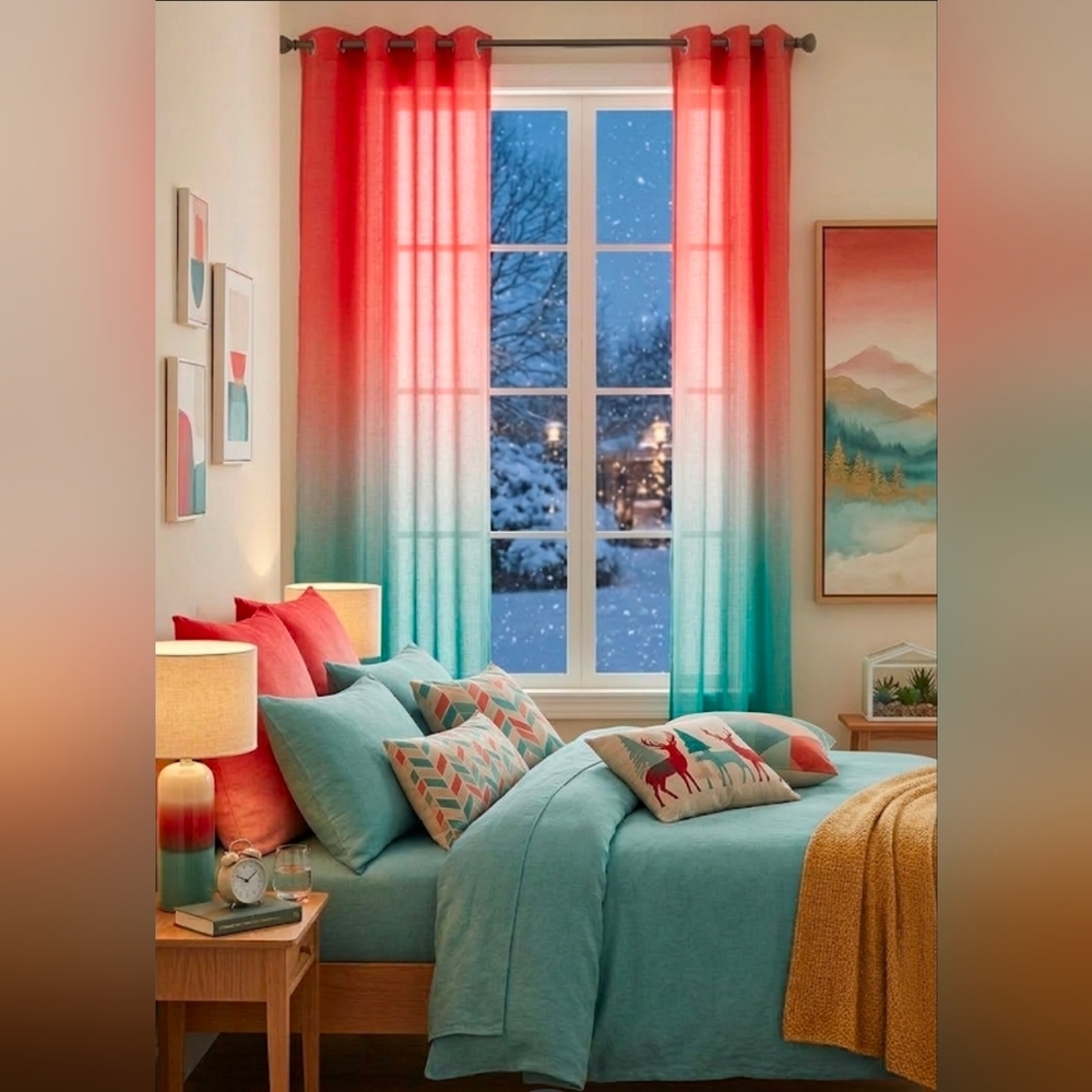 Set Ombre Curtains, Thick Sheer New Red White Green